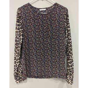 Equipment 100% Silk Mixed Print Floral Leopard Long Sleeve Blouse Size XS